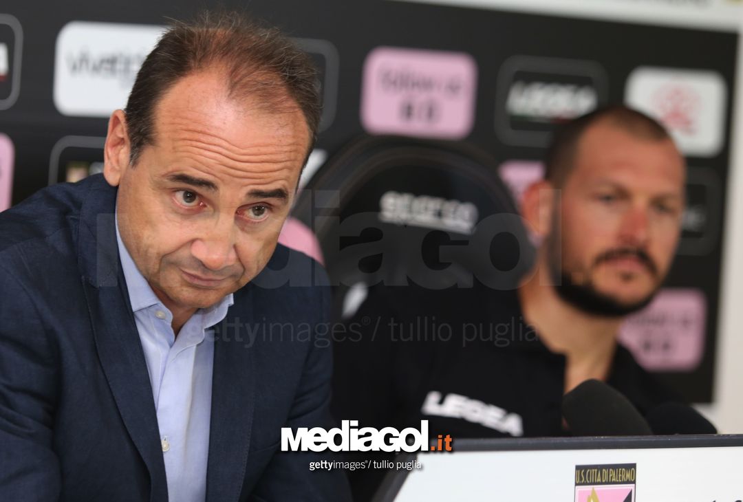  PALERMO, ITALY - AUGUST 09: Sport Director Fabio Lupo answers questions during the presentation of Alberto Pomini as new player of US Citta' di Palermo at Campo Tenente Onorato on August 9, 2017 in Palermo, Italy. (Photo by Tullio M. Puglia/Getty Images)  