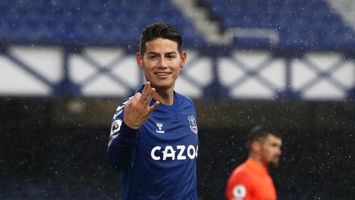 LIVERPOOL, ENGLAND - OCTOBER 03: James Rodriguez of Everton celebrates after scoring his team's fourth goal during the Premier League match between Everton and Brighton & Hove Albion at Goodison Park on October 03, 2020 in Liverpool, England. Sporting stadiums around the UK remain under strict restrictions due to the Coronavirus Pandemic as Government social distancing laws prohibit fans inside venues resulting in games being played behind closed doors. (Photo by Jan Kruger/Getty Images) LIVERPOOL, ENGLAND - OCTOBER 03: James Rodriguez of Everton celebrates after scoring his team's fourth goal during the Premier League match between Everton and Brighton & Hove Albion at Goodison Park on October 03, 2020 in Liverpool, England. Sporting stadiums around the UK remain under strict restrictions due to the Coronavirus Pandemic as Government social distancing laws prohibit fans inside venues resulting in games being played behind closed doors. (Photo by Jan Kruger/Getty Images)