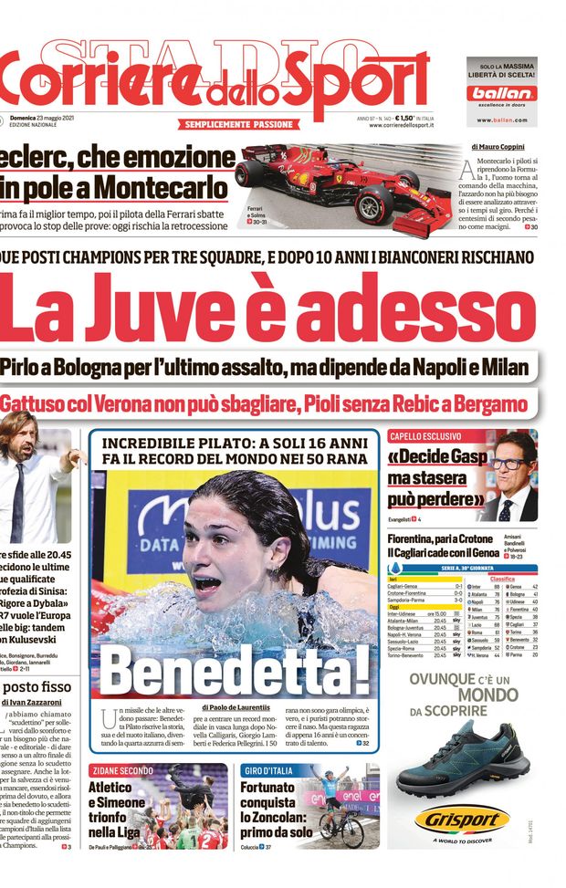 Prima Pagina, Corriere dello Sport: “La Juve è adesso. Due posti Champions per tre squadre”  Prima Pagina, Corriere dello Sport: “La Juve è adesso. Due posti Champions per tre squadre”