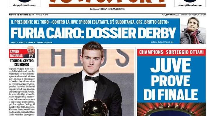 Prima Pagina, Tuttosport: “De Ligt prove di Juve, Juve prove di finale. Furia Cairo. Super Zapata…” Prima Pagina, Tuttosport: “De Ligt prove di Juve, Juve prove di finale. Furia Cairo. Super Zapata…”