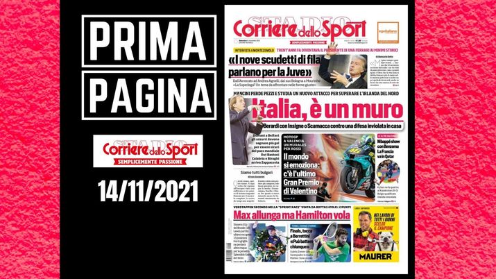 La prima pagina del 'Corriere dello Sport', in edicola oggi, 14 novembre 2021