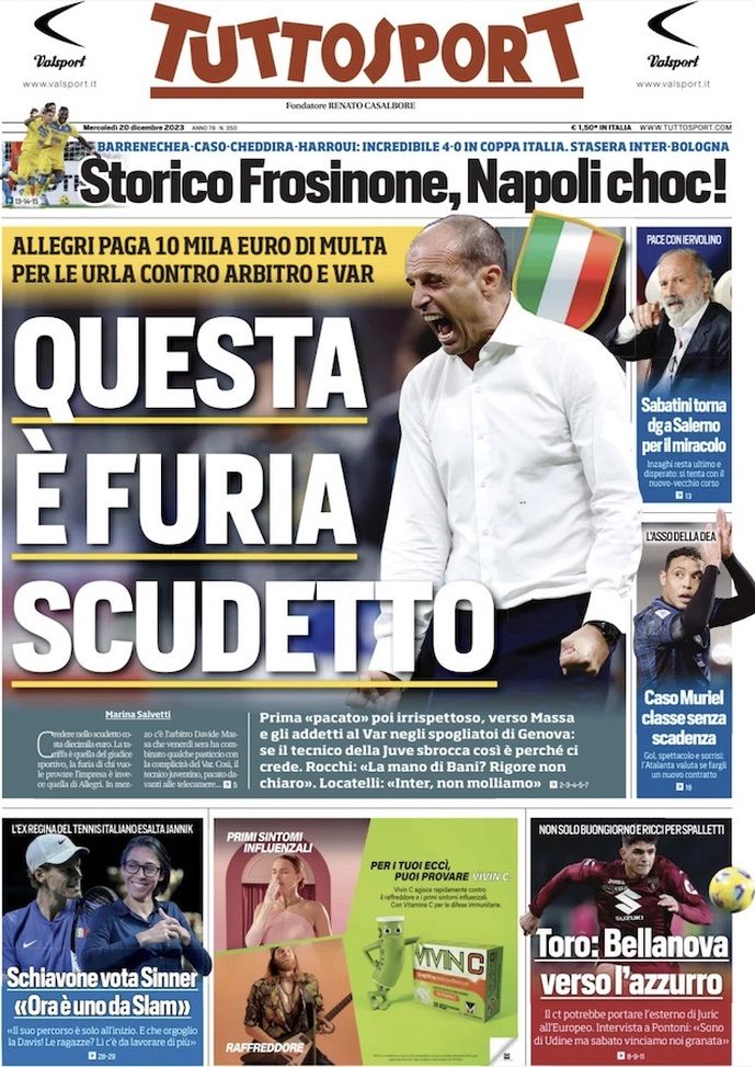 Tuttosport, la prima pagina di oggi, mercoledì 20 dicembre 2023 Tuttosport