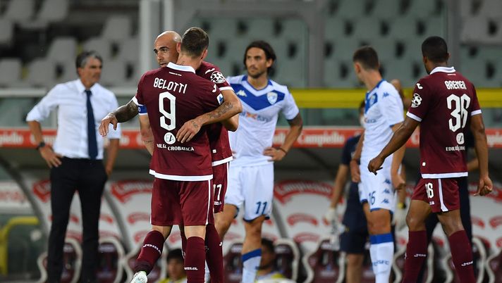 TURIN, ITALY - JULY 08:  Simone Zaza (R) of Torino FC celebrates a goal with team mate Andrea Belotti during the Serie A match between Torino FC and  Brescia Calcio at Stadio Olimpico di Torino on July 8, 2020 in Turin, Italy.  (Photo by Valerio Pennicino/Getty Images) 