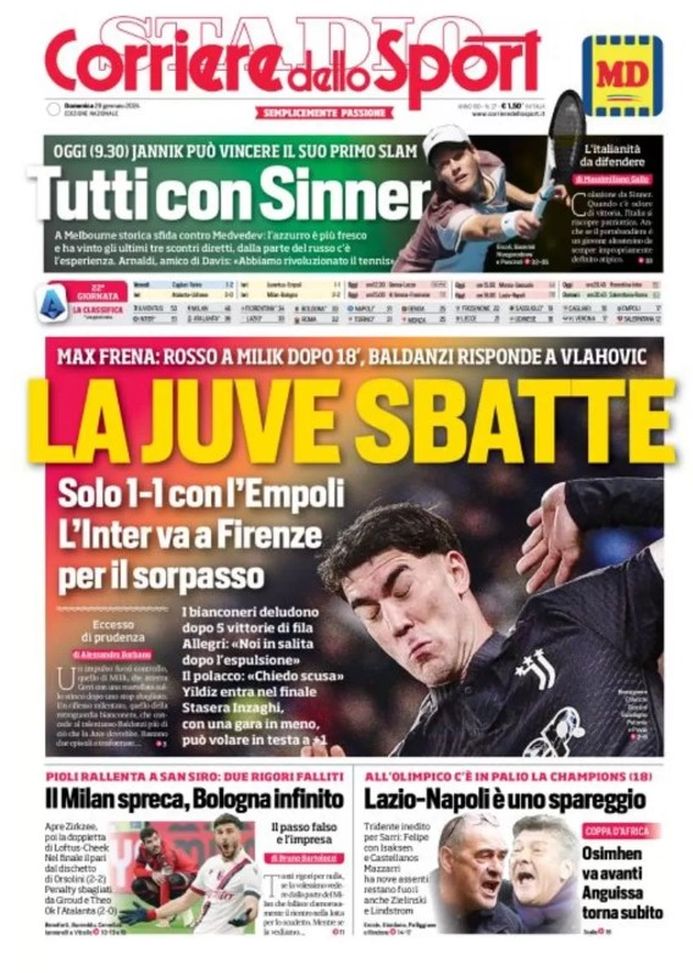EDICOLA / CdS: La Juve sbatte, Allegri frena. L’Inter va a Firenze per il sorpasso - immagine 1