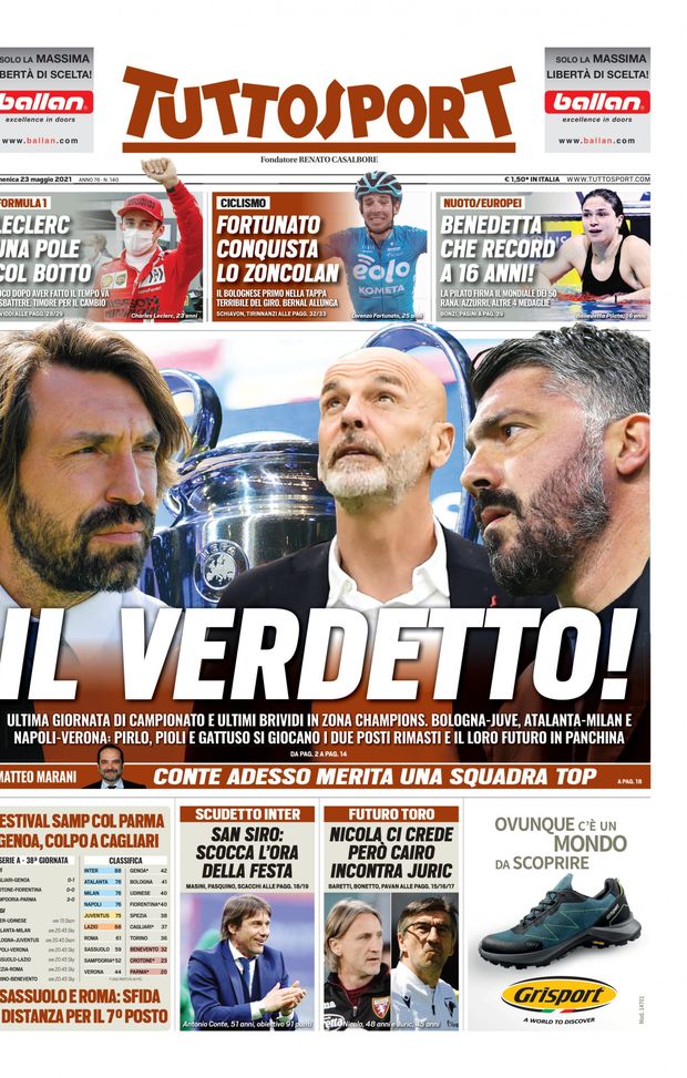 Prima Pagina, Tuttosport: “Il verdetto! Ultimi brividi in zona Champions. Futuro Toro, Cairo incontra Juric” Prima Pagina, Tuttosport: “Il verdetto! Ultimi brividi in zona Champions. Futuro Toro, Cairo incontra Juric”