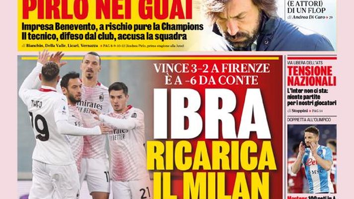 Prima Pagina, La Gazzetta dello Sport: “Ibra ricarica il Milan. Pirlo nei guai, il tecnico accusa la squadra” 