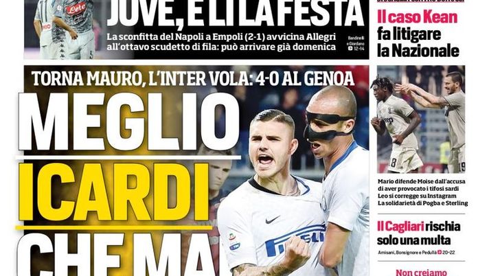 Prima Pagina, Corriere dello Sport: “Meglio Icardi che mai. Juve, è lì la festa. Brodino Roma, la Lazio crolla”  Prima Pagina, Corriere dello Sport: “Meglio Icardi che mai. Juve, è lì la festa. Brodino Roma, la Lazio crolla”