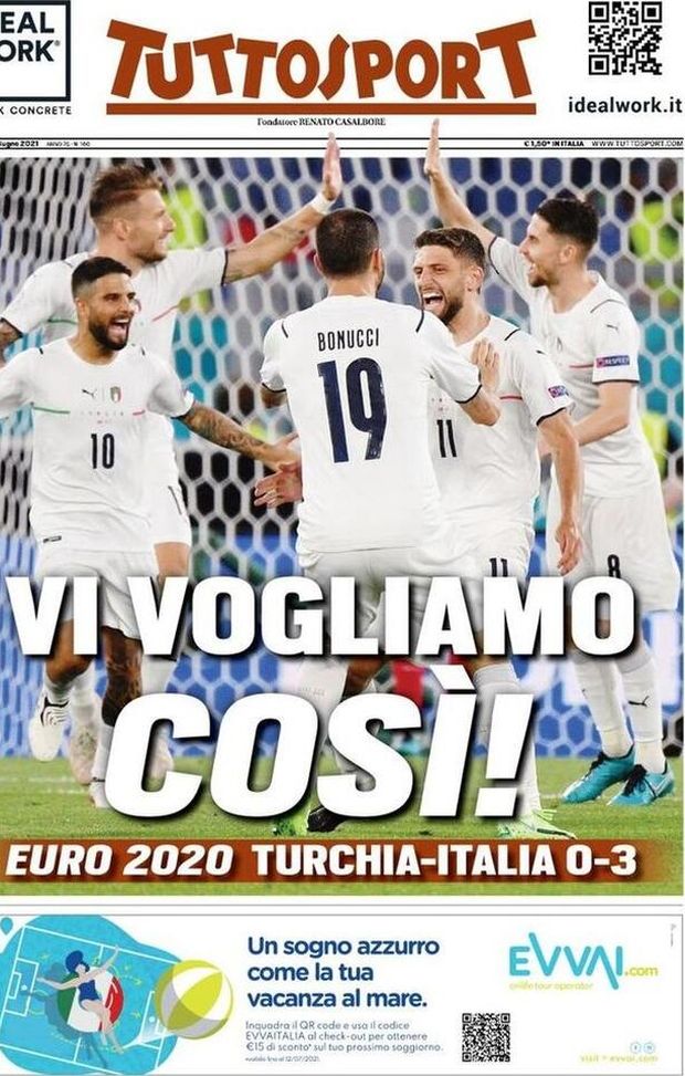 Prima Pagina, Tuttosport: “Vi vogliamo così! Euro 2020, Turchia-Italia 0-3” 