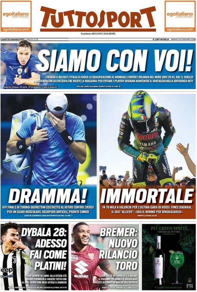 Tuttosport, la prima pagina di oggi, lunedì 15 novembre 2021