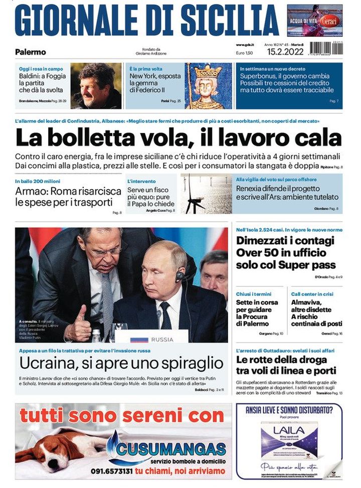 Prima Pagina, Giornale di Sicilia: “La bolletta vola, il lavoro cala. Baldini…”  Prima Pagina