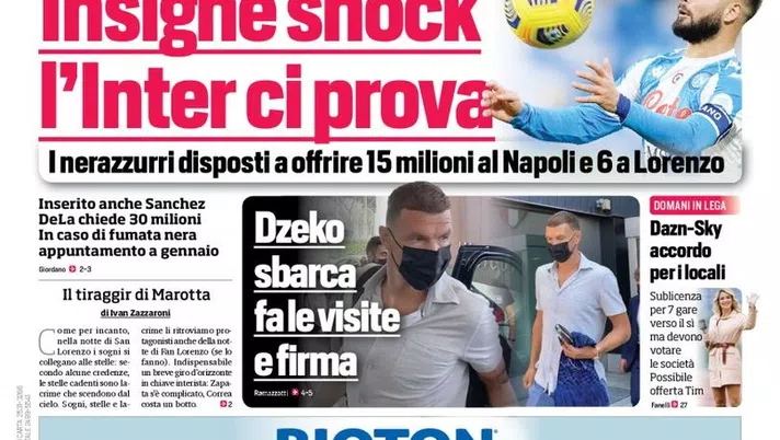 Prima Pagina, Corriere dello Sport: &#8220;Insigne shock, l&#8217;Inter ci prova!&#8221;