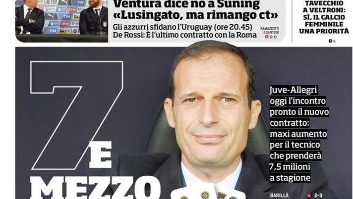 Prima Pagina, Corriere dello Sport: &#8220;Juve-Allegri, 7 e mezzo. Come corre il nuovo Milan, Belotti&#8230;&#8221; 