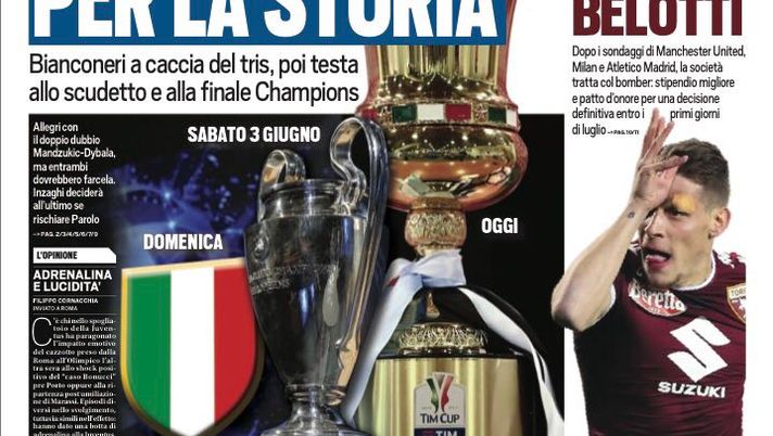 Prima Pagina, Tuttosport: “Juventus, primo passo per la storia. Toro, più soldi per tenere Belotti” Prima Pagina, Tuttosport: “Juventus, primo passo per la storia. Toro, più soldi per tenere Belotti”