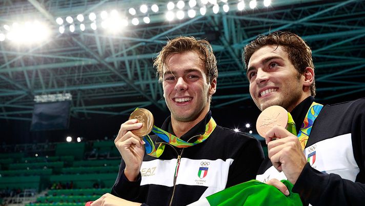 Detti e Paltrinieri dopo la gara dei 1500 nella quale hanno vinto rispettivamente la medaglia di bronzo e quella d'oro (Getty) 