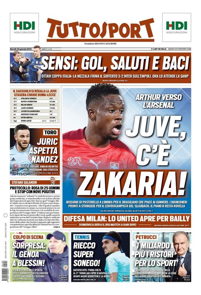 Prima Pagina, Tuttosport: “Juve, c’è Zakaria! Sensi: gol, saluti e baci” - immagine 1