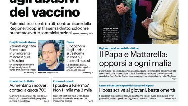 Prima Pagina, Giornale di Sicilia: “Code infinite, è caccia agli abusivi del vaccino. Polemiche sui centri in tilt&#8221; 