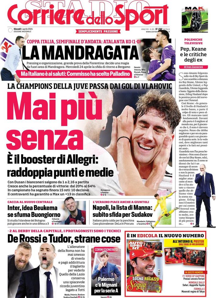Il Corriere dello Sport, la prima pagina di oggi, giovedì 4 aprile 2024 Il Corriere dello Sport