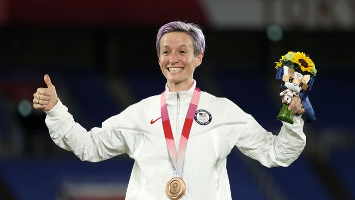 TOKYO, JAPAN - AUGUST 06: Megan Rapinoe of Team USA reacts after receiving the Bronze Medal after the Gold Medal Match Women's Football match between Canada and Sweden at International Stadium Yokohama on August 06, 2021 in Yokohama, Kanagawa, Japan. (Photo by Naomi Baker/Getty Images) 