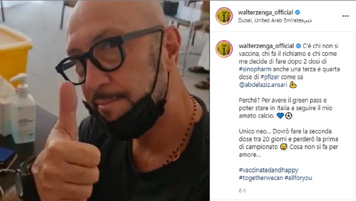 Calcio e Coronavirus, Zenga &#8220;raddoppia&#8221; i vaccini: &#8220;Cosa non si fa per amore&#8221;