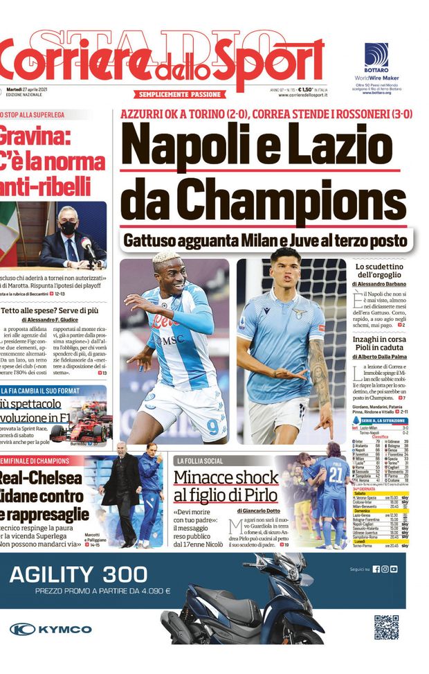 Prima Pagina, Corriere dello Sport: “Napoli e Lazio da Champions. Minacce shock al figlio di Pirlo” 