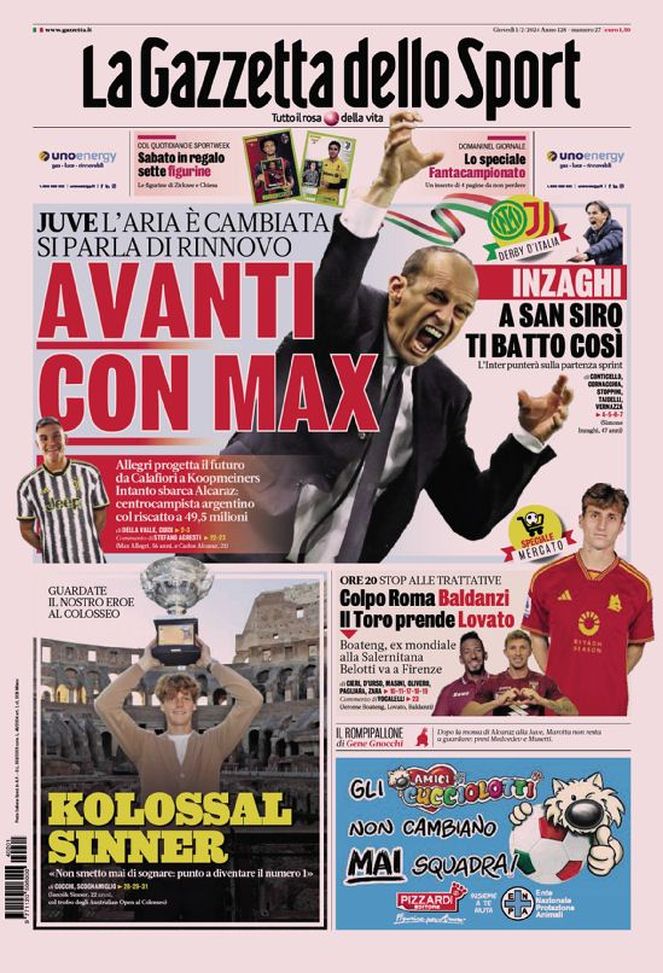 La Gazzetta dello Sport, la prima pagina di oggi, giovedì 1° febbraio 2024 La Gazzetta dello Sport