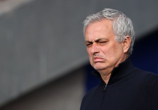 LIVERPOOL, ENGLAND - APRIL 16: Jose Mourinho, Manager of Tottenham Hotspur reacts prior to the Premier League match between Everton and Tottenham Hotspur at Goodison Park on April 16, 2021 in Liverpool, England. Sporting stadiums around the UK remain under strict restrictions due to the Coronavirus Pandemic as Government social distancing laws prohibit fans inside venues resulting in games being played behind closed doors. (Photo by Clive Brunskill/Getty Images) LIVERPOOL, ENGLAND - APRIL 16: Jose Mourinho, Manager of Tottenham Hotspur reacts prior to the Premier League match between Everton and Tottenham Hotspur at Goodison Park on April 16, 2021 in Liverpool, England. Sporting stadiums around the UK remain under strict restrictions due to the Coronavirus Pandemic as Government social distancing laws prohibit fans inside venues resulting in games being played behind closed doors. (Photo by Clive Brunskill/Getty Images)
