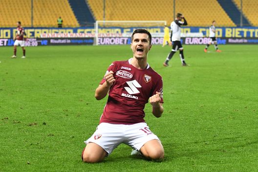 PARMA, ITALY - JANUARY 03: Amer Gojak of Torino celebrates after scoring their sides third goal during the Serie A match between Parma Calcio and Torino FC at Stadio Ennio Tardini on January 03, 2021 in Parma, Italy. Sporting stadiums around Italy remain under strict restrictions due to the Coronavirus Pandemic as Government social distancing laws prohibit fans inside venues resulting in games being played behind closed doors. (Photo by Alessandro Sabattini/Getty Images) PARMA, ITALY - JANUARY 03: Amer Gojak of Torino celebrates after scoring their sides third goal during the Serie A match between Parma Calcio and Torino FC at Stadio Ennio Tardini on January 03, 2021 in Parma, Italy. Sporting stadiums around Italy remain under strict restrictions due to the Coronavirus Pandemic as Government social distancing laws prohibit fans inside venues resulting in games being played behind closed doors. (Photo by Alessandro Sabattini/Getty Images)