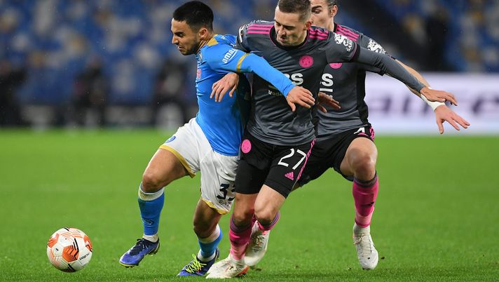 NAPLES, ITALY - DECEMBER 09: Adam Ounas of SSC Napoli battles for possession with Timothy Castagne of Leicester City during the UEFA Europa League group C match between SSC Napoli and Leicester City at Stadio Diego Armando Maradona on December 09, 2021 in Naples, Italy. (Photo by Francesco Pecoraro/Getty Images) NAPLES, ITALY - DECEMBER 09: Adam Ounas of SSC Napoli battles for possession with Timothy Castagne of Leicester City during the UEFA Europa League group C match between SSC Napoli and Leicester City at Stadio Diego Armando Maradona on December 09, 2021 in Naples, Italy. (Photo by Francesco Pecoraro/Getty Images)