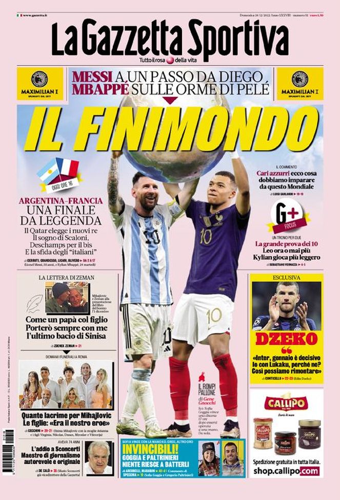 La Gazzetta dello Sport, la prima pagina di oggi, domenica 18 dicembre 2022
