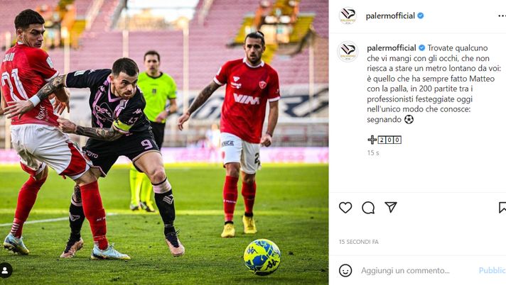 Palermo, duecento partite da professionista per Brunori: il club rosa lo omaggia così Palermo