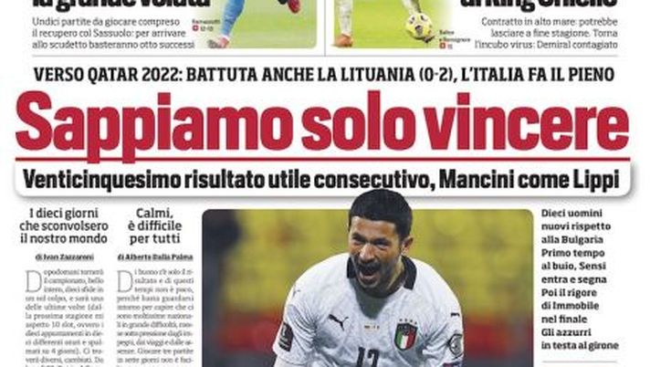 Prima Pagina, Corriere dello Sport: “Sappiamo solo vincere ma scatta l’allarme Covid. Conte prepara la grande volata” 