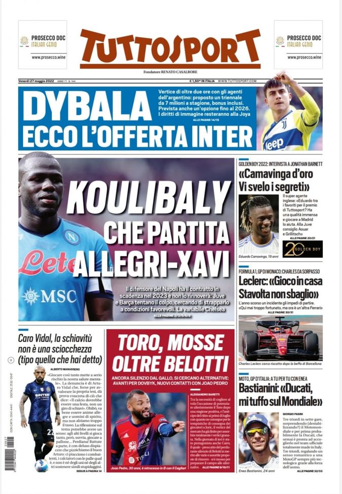 Prima Pagina, Tuttosport: “Koulibaly, che partita Allegri-Xavi. Dybala, offerta Inter” - immagine 1