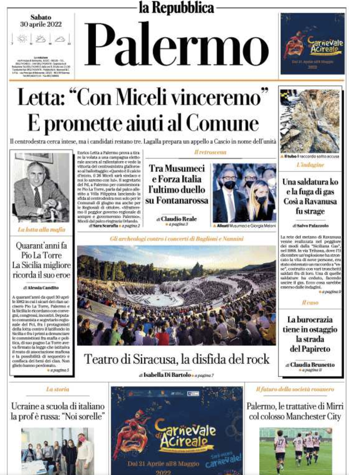 Prima Pagina, La Repubblica-Palermo: “Le trattative di Mirri col colosso City”  prima pagina