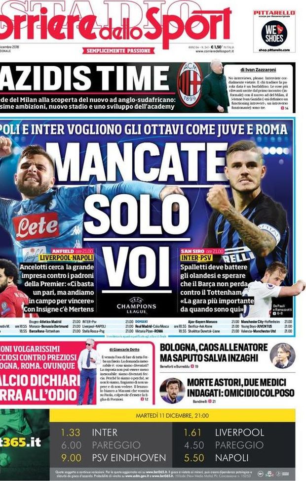 Prima Pagina, Corriere dello Sport: “Mancate solo voi. Gazidis time. Bologna, caos allenatore…” Prima Pagina, Corriere dello Sport: “Mancate solo voi. Gazidis time. Bologna, caos allenatore…”