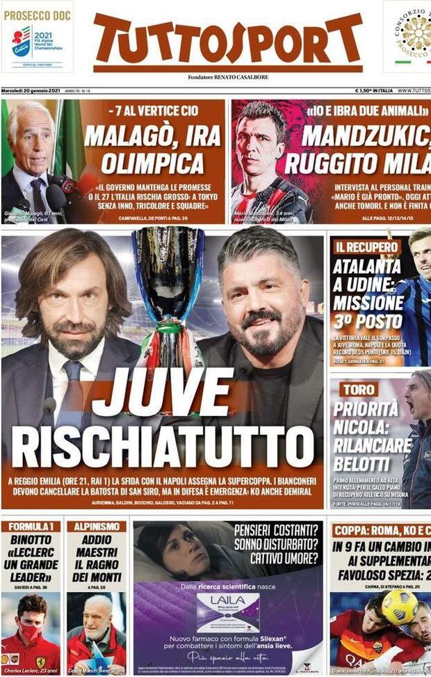 Prima Pagina, Tuttosport: &#8220;Juve rischiatutto! Mandzukic, ruggito Milan. Atalanta missione 3° posto” 