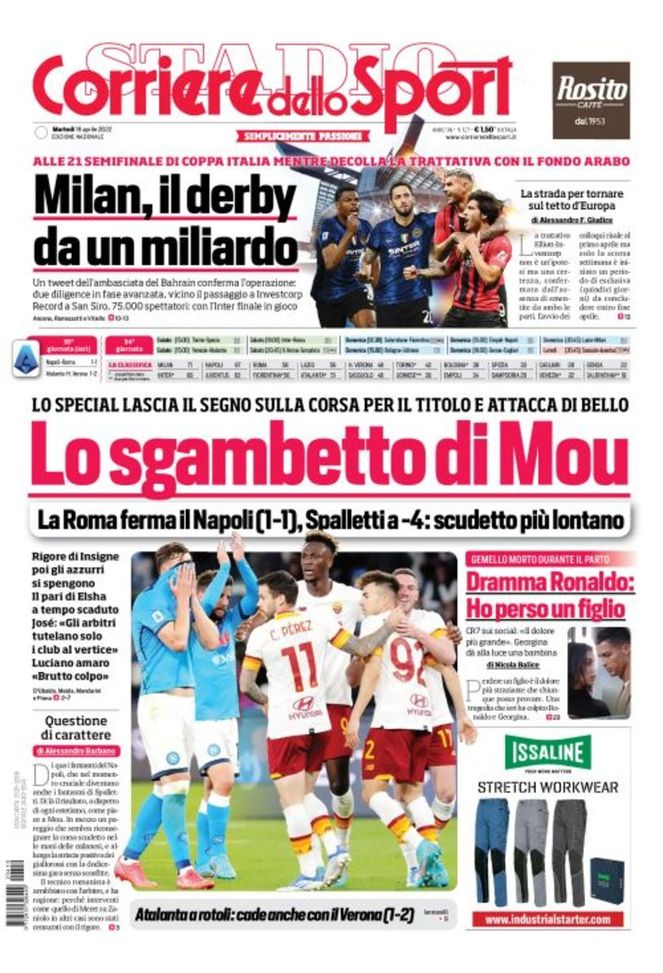 Prima Pagina, Corriere dello Sport: “Lo sgambetto di Mou. Milan, il derby da…”  Prima Pagina