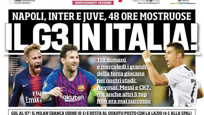 Prima Pagina, Corriere dello Sport: &#8220;Romagnoli rifà il Pipita. Il G3 in Italia! Napoli, Inter e Juve&#8230;&#8221; 