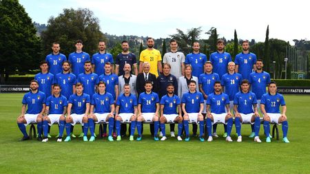 FLORENCE, ITALY - JUNE 02: (upper row L-R) Rafael Toloi, Alessandro Bastoni, Leonardo Bonucci, Salvatore Sirigu, Gianluigi Donnarumma, Alex Meret, Giorgio Chiellini, Francesco Acerbi, Bryan Cristante, (central row L-R) Matteo Pessina, Manuel Locatelli, Lorenzo Pellegrini, Andrea Belotti, Head of the National Team delegation Gianluca Vialli, FIGC President Gabriele Gravina Coach Roberto Mancini, Team Manager Gabriele Oriali, Ciro Immobile, Federico Bernardeschi, Leonardo Spinazzola, (lower row L-R) Domenico Berardi, Stefano Sensi, Nicolò Barella, Federico Chiesa, Marco Verratti, Alessandro Florenzi, Lorenzo Insigne, Frello Jorge Luiz Jorginho, Emerson Palmieri, Giovanni Di Lorenzo and Giacomo Raspadori of Italy pose for the official team photo at Coverciano on June 02, 2021 in Florence, Italy. (Photo by Claudio Villa/Getty Images) Getty for FIGC