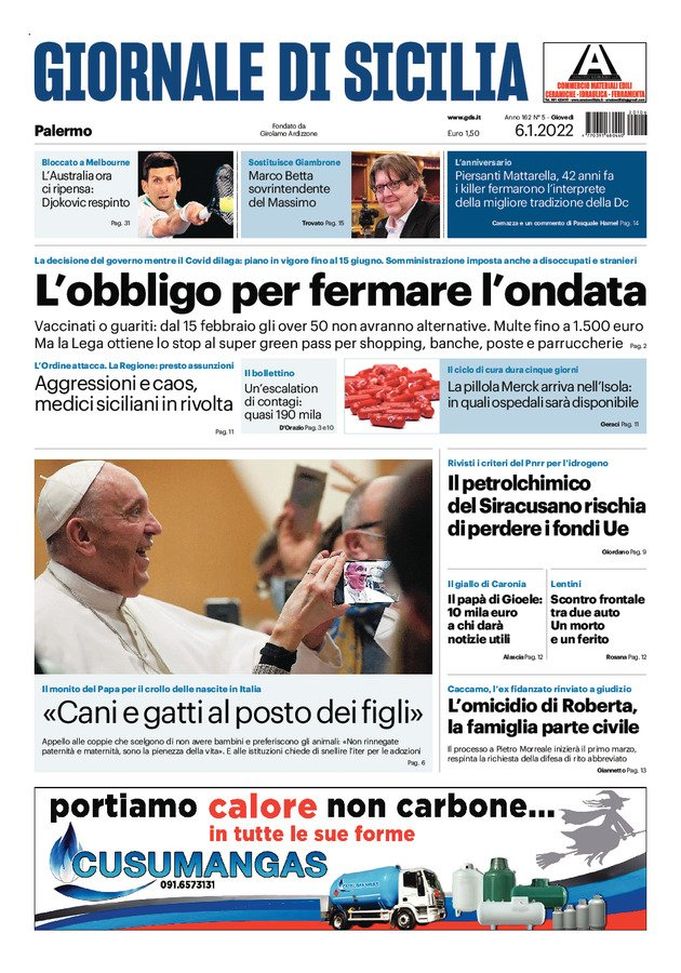Prima Pagina, Giornale di Sicilia: “L’obbligo per fermare l’ondata”  Prima Pagina, Giornale di Sicilia: “L’obbligo per fermare l’ondata” - immagine 1