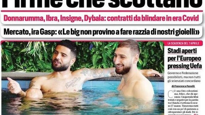 Prima Pagina, Corriere dello Sport: “Firme che scottano. Stadi aperti per gli Europei, pressing dell’Uefa. Lega, no a Sky, nuovo bando per tre partite” 