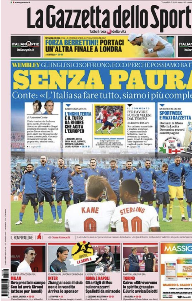 Prima Pagina, Gazzetta dello Sport: “Senza paura. Inghilterra, il tuffo da rigore” 