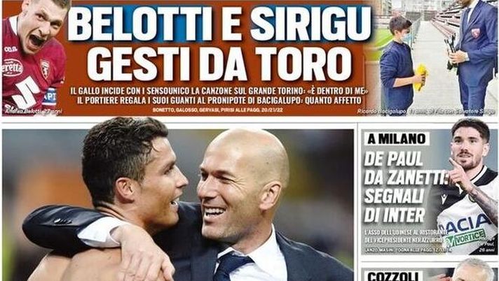 Prima Pagina, Tuttosport: ““Zizou Juve, attrazione fatale. Belotti e Sirigu gesti da Toro” 