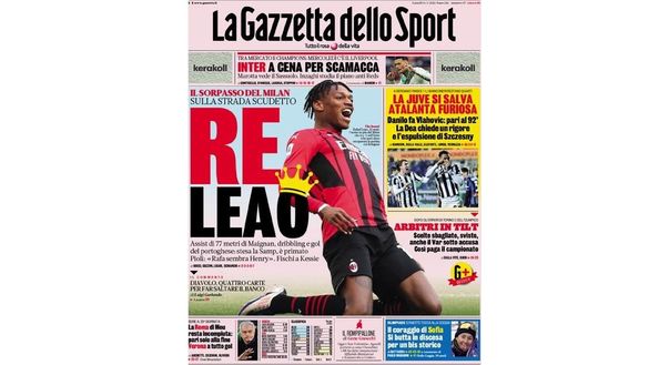 Prima Pagina, La Gazzetta dello Sport: “Il sorpasso del Milan sulla strada scudetto” Prima Pagina