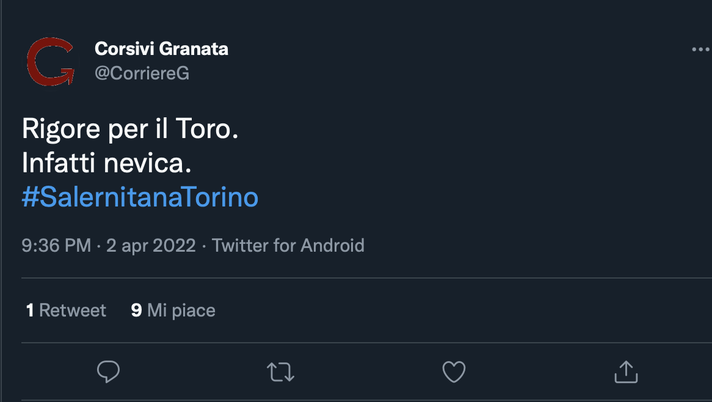 Salernitana-Torino 0-1, le reazioni social: “Rigore per il Toro. Infatti nevica” - immagine 1