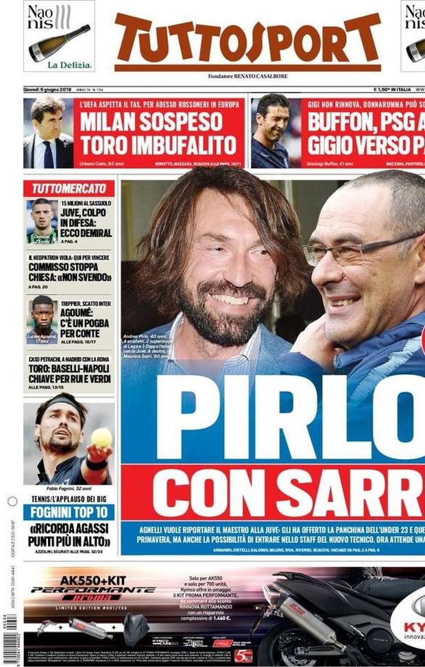 Prima Pagina, Tuttosport: “Pirlo con Sarri. Milan sospeso, Toro imbufalito. Buffon, PSG addio” Prima Pagina, Tuttosport: “Pirlo con Sarri. Milan sospeso, Toro imbufalito. Buffon, PSG addio”