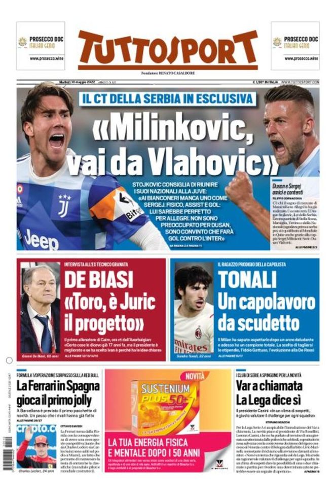 Prima Pagina, Tuttosport: “Milinkovic vai da Vlahovic. Tonali da scudetto”  Prima Pagina