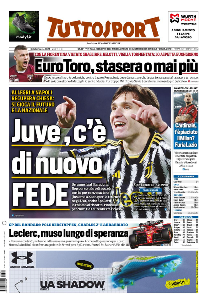 Prima Pagina Tuttosport 02-03-2024