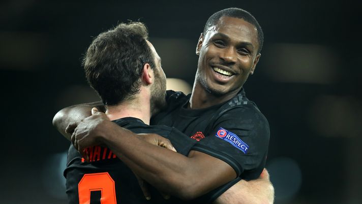 LINZ, AUSTRIA - MARCH 12: (FREE FOR EDITORIAL USE) In this handout image provided by UEFA, Juan Mata of Manchester United celebrates with Odion Ighalo after scoring his team's third goal during the UEFA Europa League round of 16 first leg match between LASK and Manchester United at Linzer Stadion on March 12, 2020 in Linz, Austria. The match is played behind closed doors as a precaution against the spread of COVID-19 (Coronavirus). (Photo by UEFA - Handout/UEFA via Getty Images ) LINZ, AUSTRIA - MARCH 12: (FREE FOR EDITORIAL USE) In this handout image provided by UEFA, Juan Mata of Manchester United celebrates with Odion Ighalo after scoring his team's third goal during the UEFA Europa League round of 16 first leg match between LASK and Manchester United at Linzer Stadion on March 12, 2020 in Linz, Austria. The match is played behind closed doors as a precaution against the spread of COVID-19 (Coronavirus). (Photo by UEFA - Handout/UEFA via Getty Images )