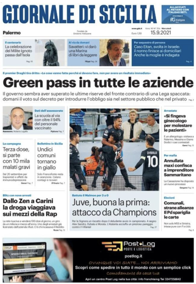 Prima Pagina, Giornale di Sicilia: “Green pass in tutte le aziende. Via alla 3′ dose” Prima Pagina, Giornale di Sicilia: “Green pass in tutte le aziende. Via alla 3′ dose”