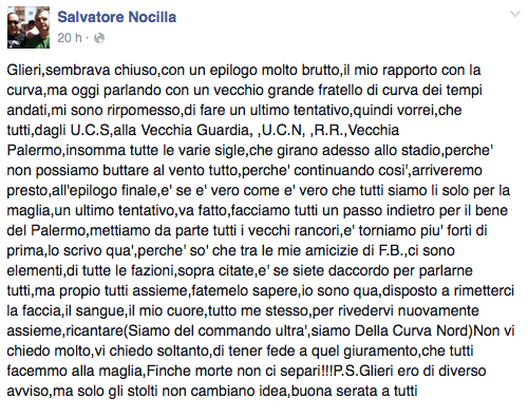 Totò Rambo (tifoso storico della curva) lancia appello su Facebook: “Mettiamo da parte i vecchi rancori, riuniamo la Curva Nord” Totò Rambo (tifoso storico della curva) lancia appello su Facebook: “Mettiamo da parte i vecchi rancori, riuniamo la Curva Nord”